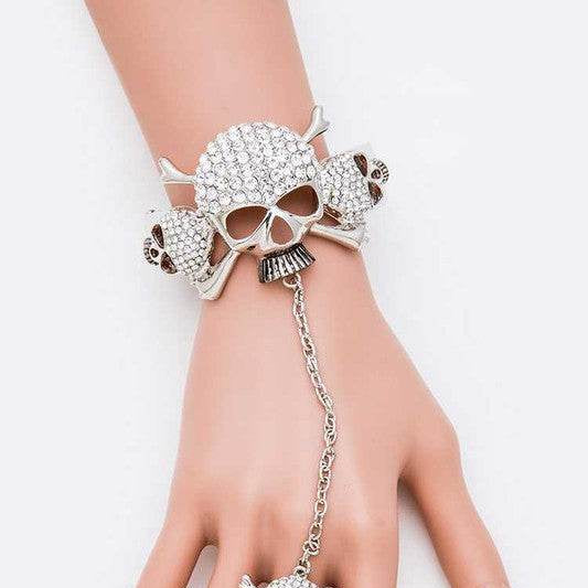 Silver skull jewelry for women bracelet with rhinestones and chain design for bold fashion