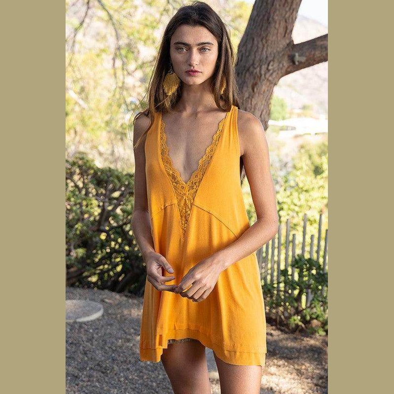 Sleeveless Deep V-Neck Dress With Lace On Front - VacationGrabs