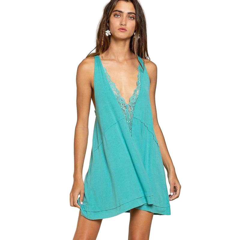 Sleeveless Deep V-Neck Dress With Lace On Front - VacationGrabs