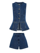 Miss Sparkling sleeveless denim short set for women featuring buttoned vest and high-waisted shorts in dark blue