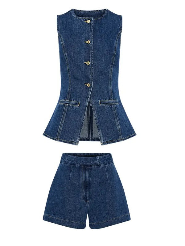 Miss Sparkling sleeveless denim short set for women featuring buttoned vest and high-waisted shorts in dark blue