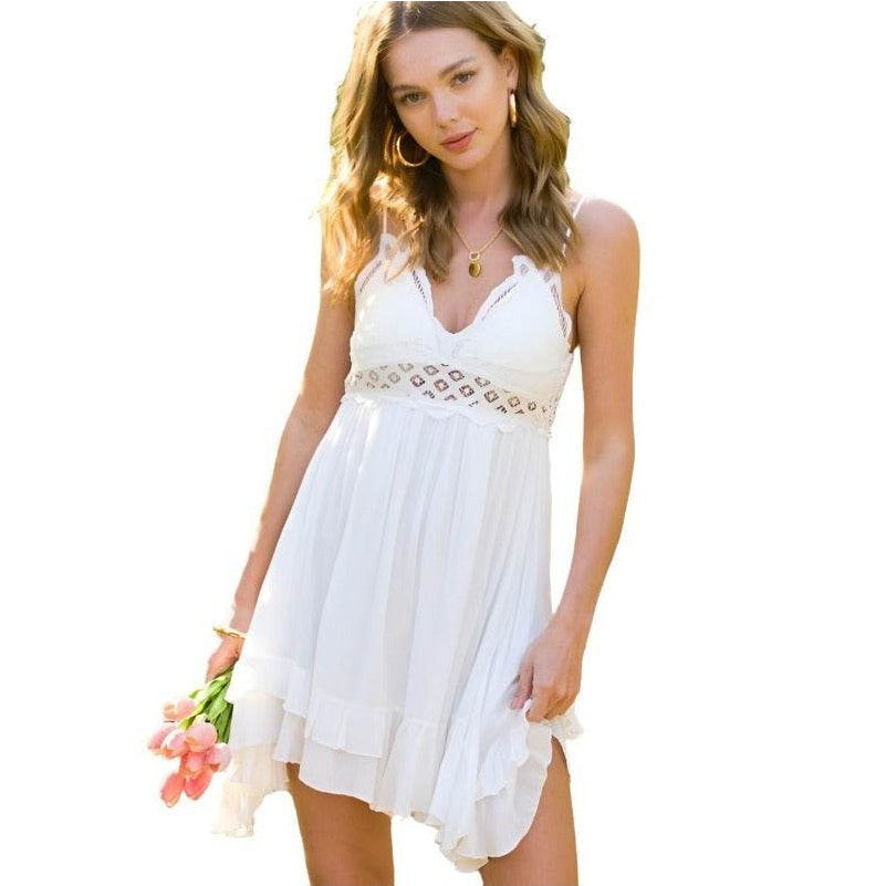 La Miel Women's Sleeveless Summer Dress in White with Ruffle Hem and Lace Details