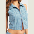 Emory Park sleeveless zip shirt in light blue stripe design with a fitted cropped silhouette