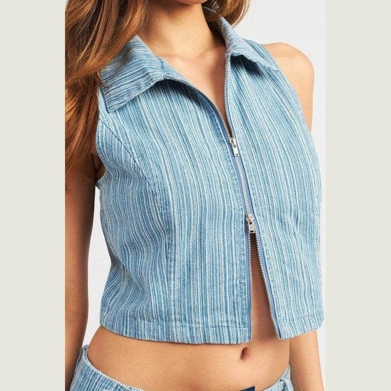 Emory Park sleeveless zip shirt in light blue stripe design with a fitted cropped silhouette