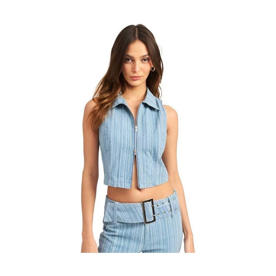 Emory Park sleeveless zip shirt in light blue with a cropped design and stylish pinstripes