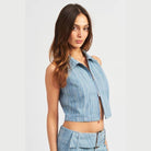 Emory Park Women's Sleeveless Zip Shirt in Blue Striped Denim for Casual Summer Outfits