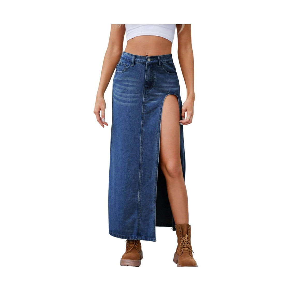 Slit Buttoned Denim Skirt with Pockets - VacationGrabs