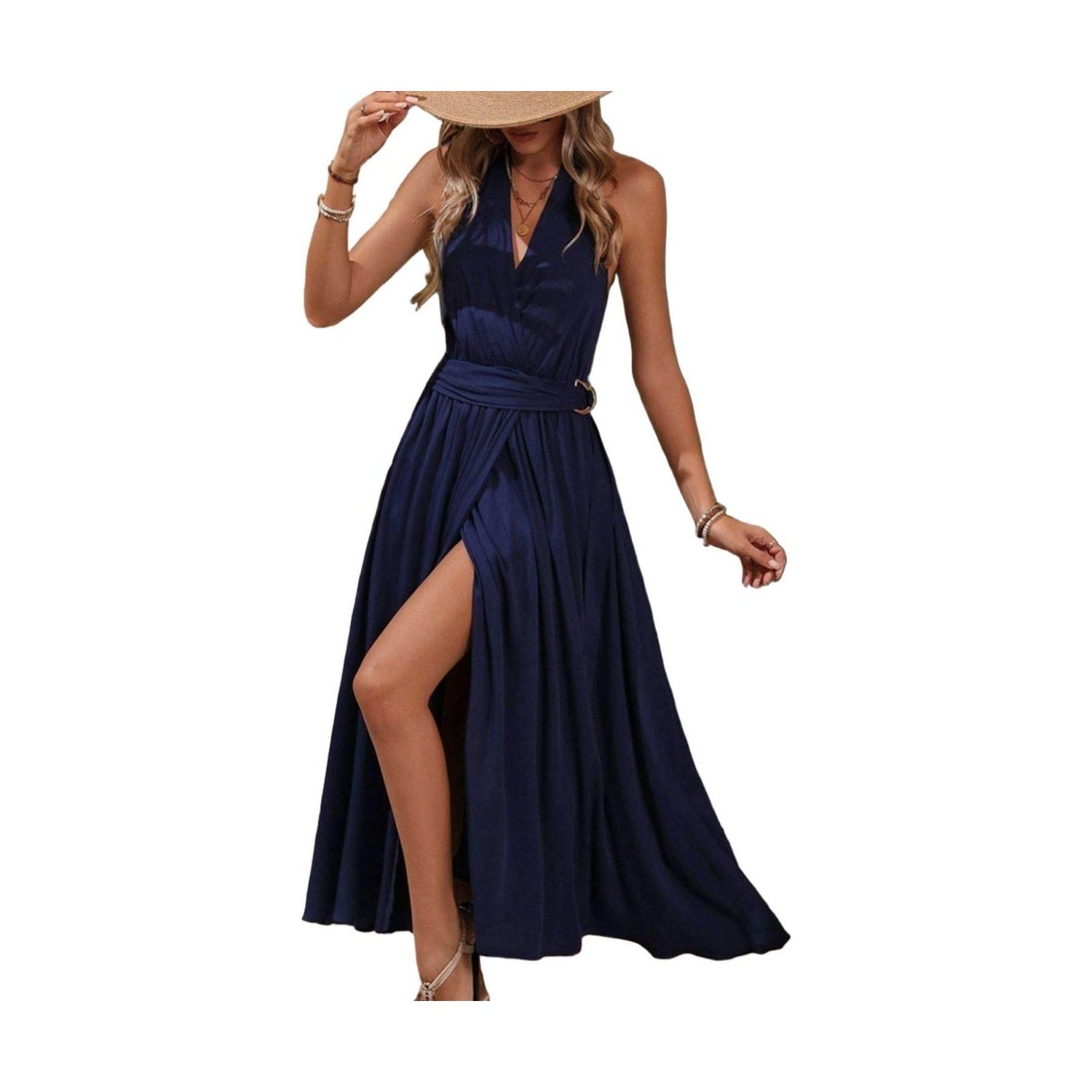 Slit Halter Neck Dress - VacationGrabs