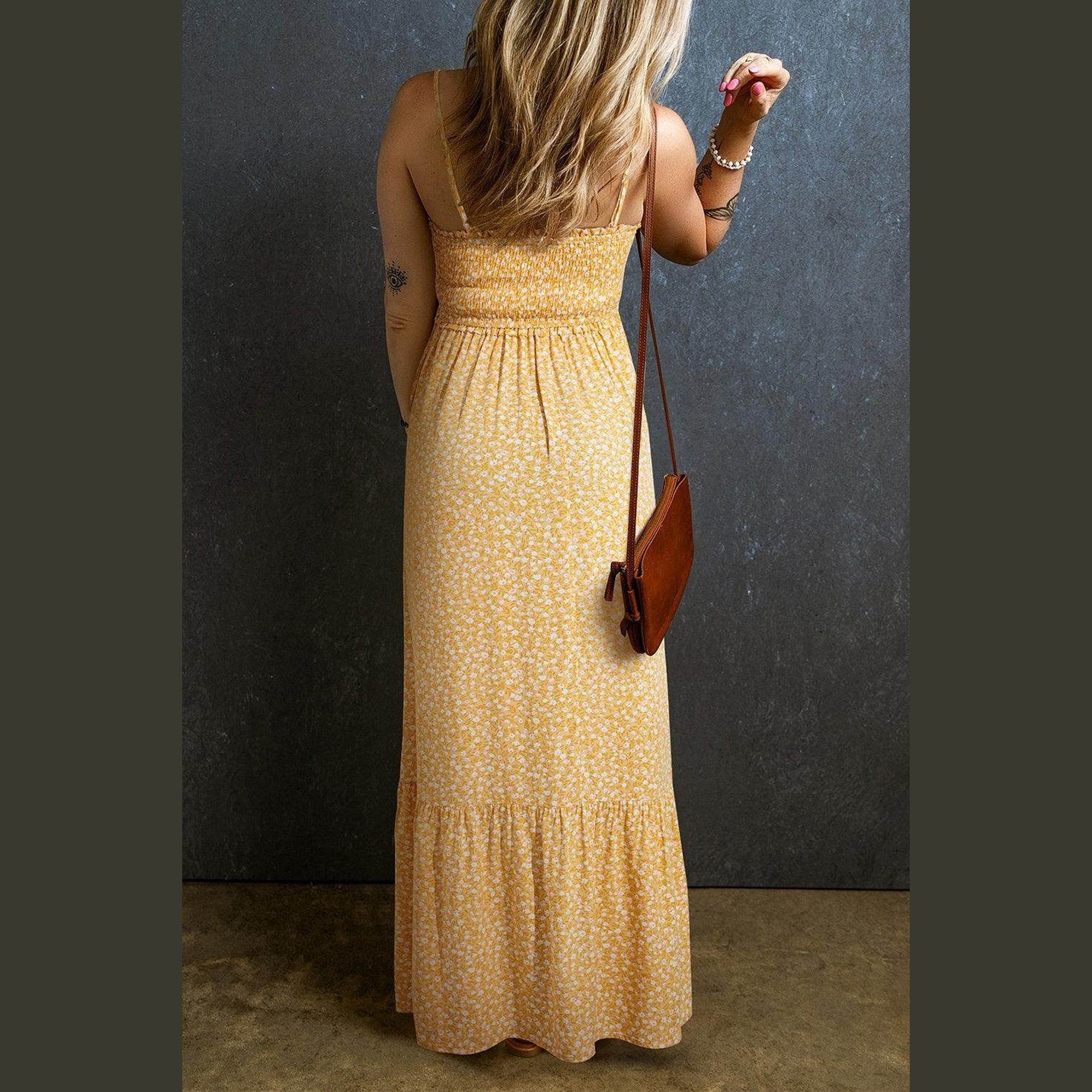 Smocked Printed Square Neck Maxi Cami Dress - VacationGrabs