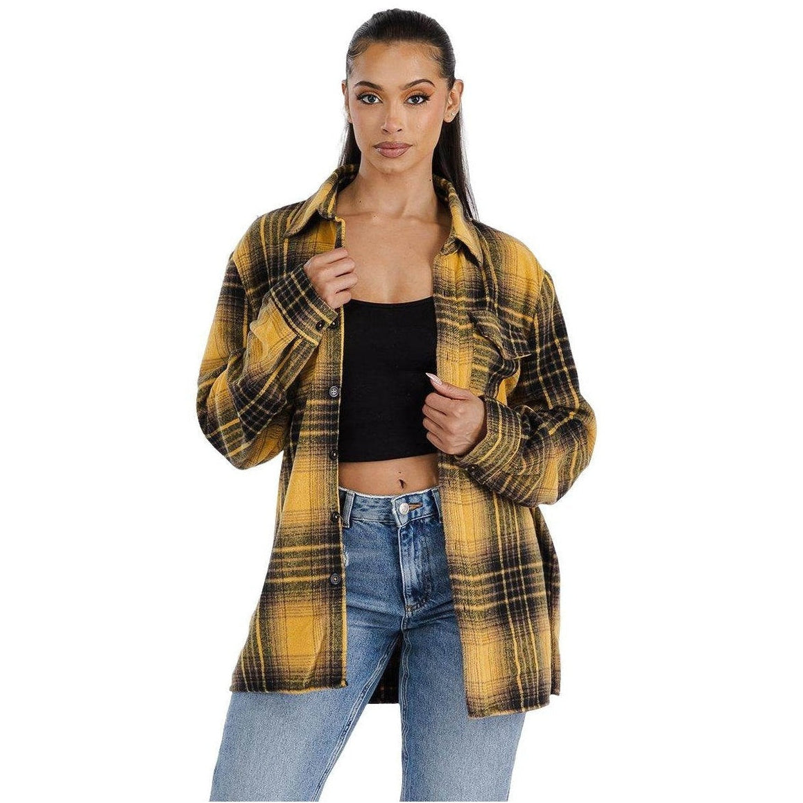WEIV soft flannel boyfriend jacket in yellow and black plaid for stylish layering
