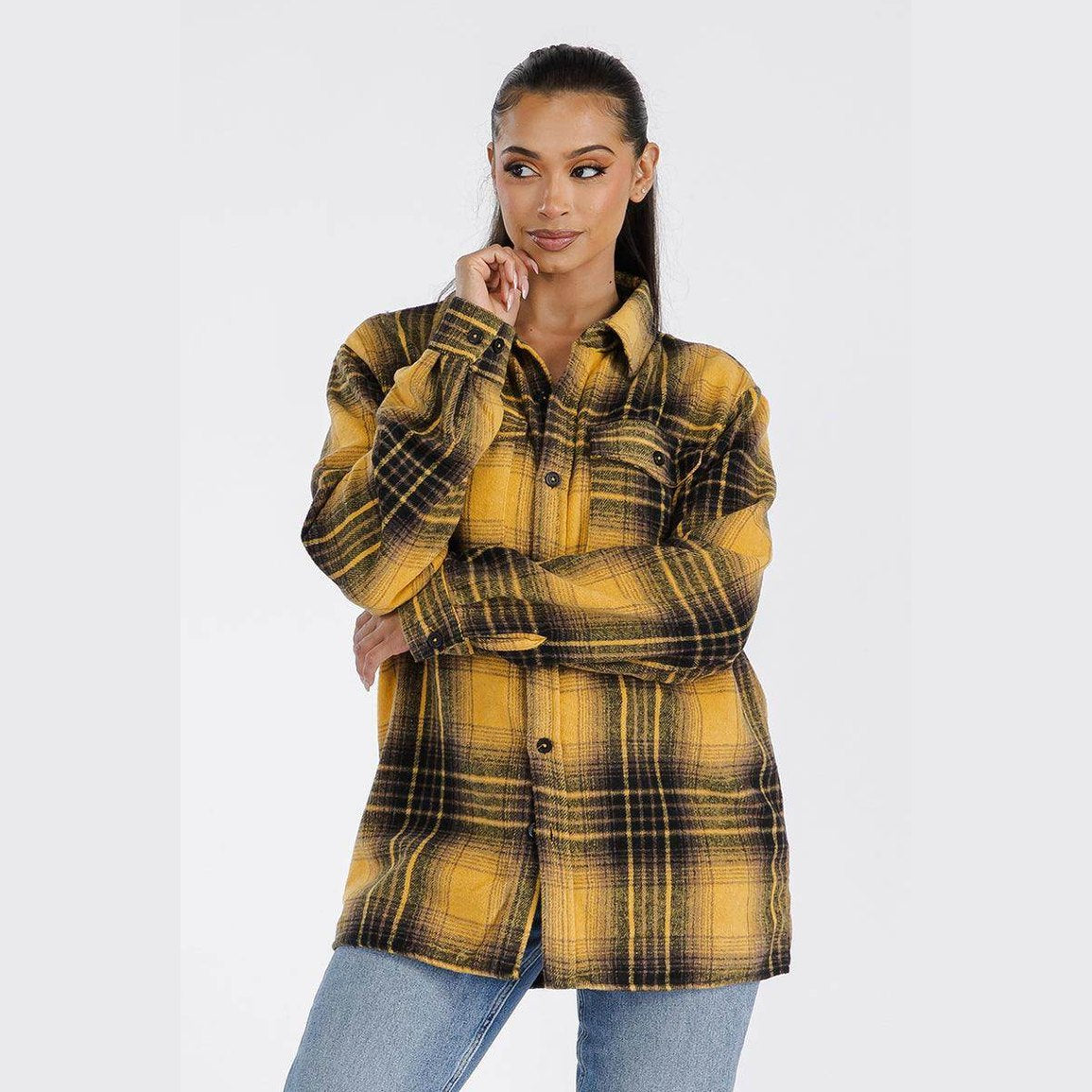 WEIV soft flannel boyfriend jacket in yellow and black plaid, perfect for casual layering
