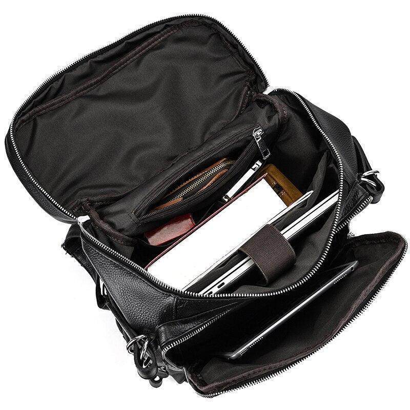 Soft leather travel backpack with spacious interior and multiple pockets for organization