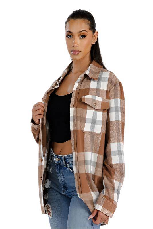 Stylish soft plaid shacket for women featuring a button-up design and front pockets