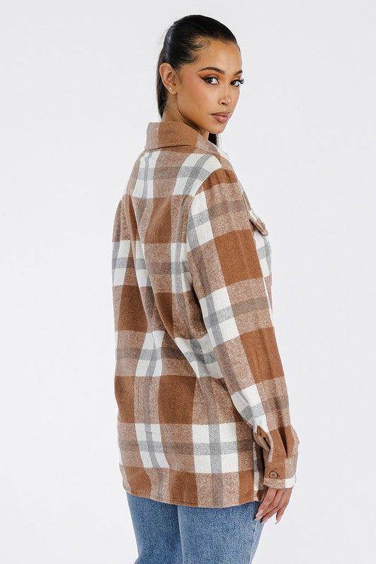 Women wearing a soft plaid shacket for women in brown and gray tones with a relaxed fit