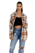 Soft plaid shacket for women in brown and white with a relaxed fit and pockets
