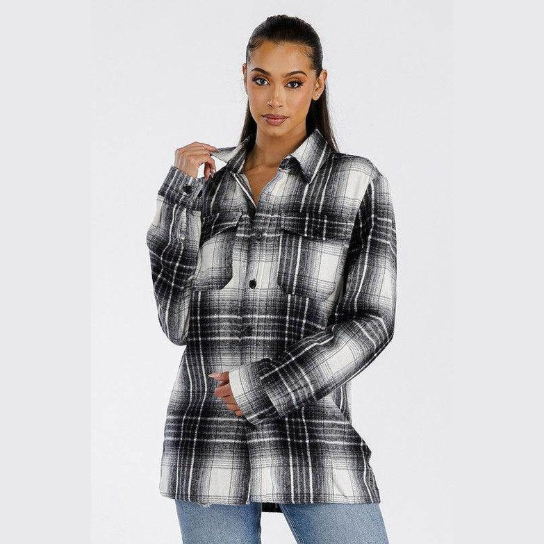 Soft plaid womens shacket in black and white with a relaxed fit and button closure