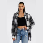 Soft plaid womens shacket in black and white with a relaxed fit for casual style