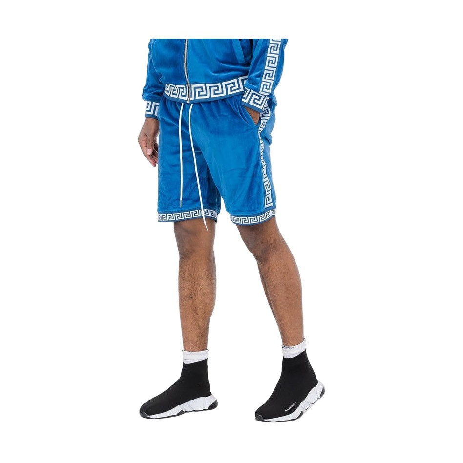 WEIV blue soft velour athletic shorts with white drawstring and Greek key pattern trim