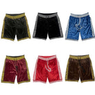 Set of six soft velour athletic shorts in black, blue, red, brown, and maroon with decorative patterned waistbands