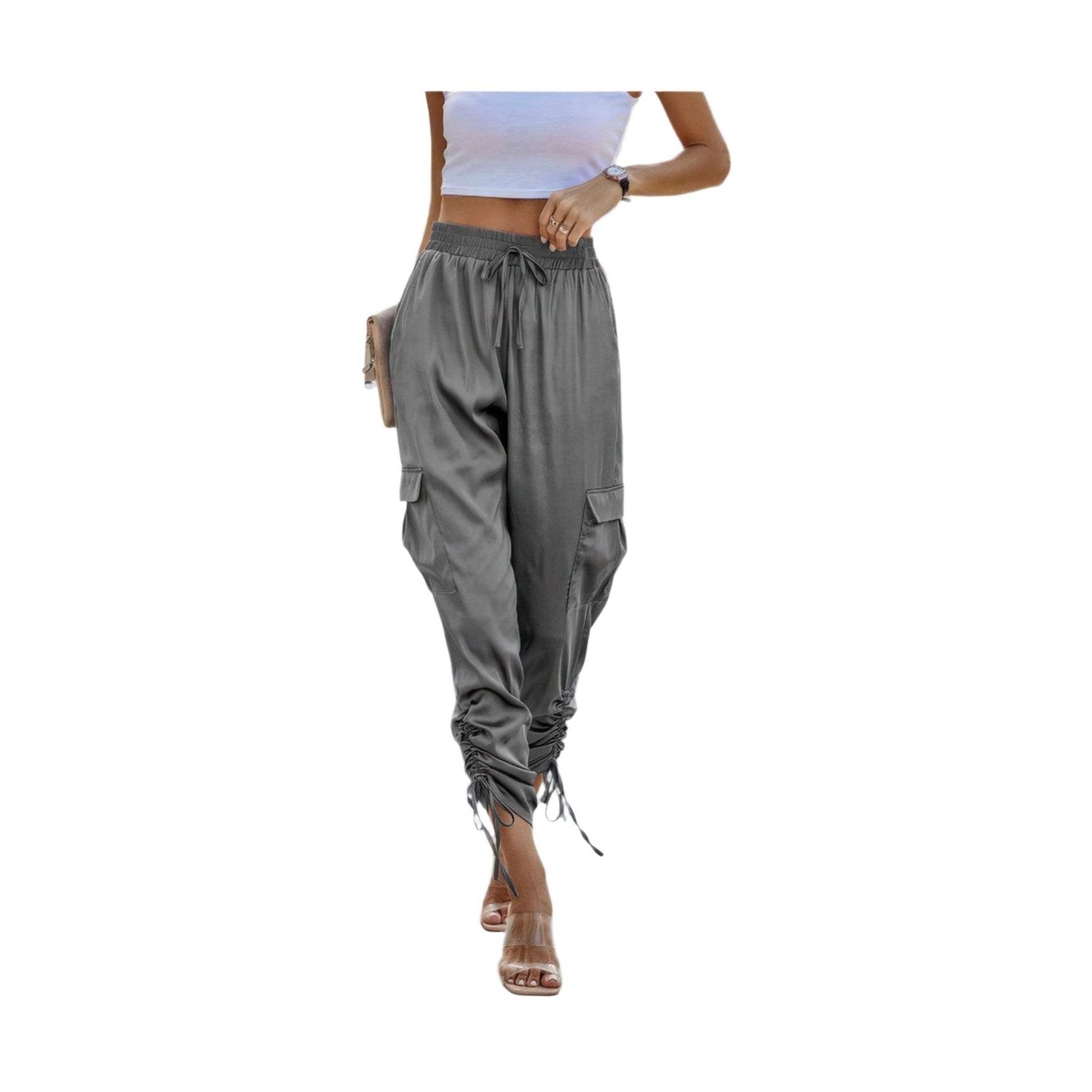 VacationGrabs women's solid drawstring hem streetwear pants in gray with cargo pockets and ruched ankles