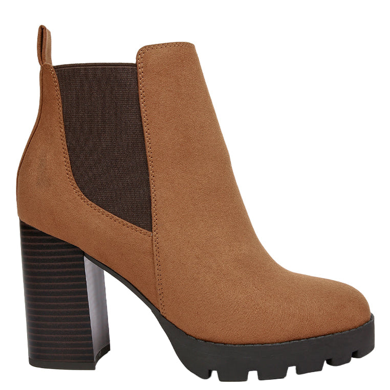 Brown ankle boot with a block heel on a white background