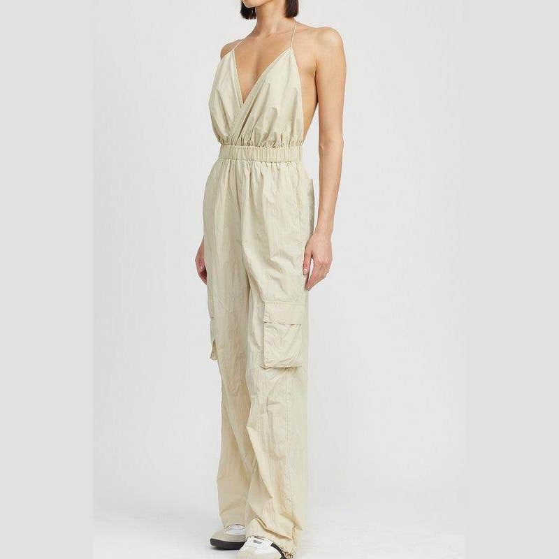 Spaghetti Strap Cargo Jumpsuit - VacationGrabs