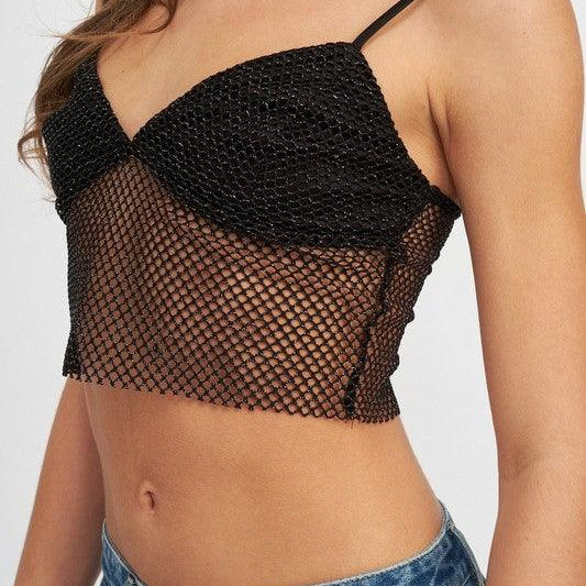 Women's Shirts - Cropped Tops Spaghetti Strap Crop Top With Mesh Detail