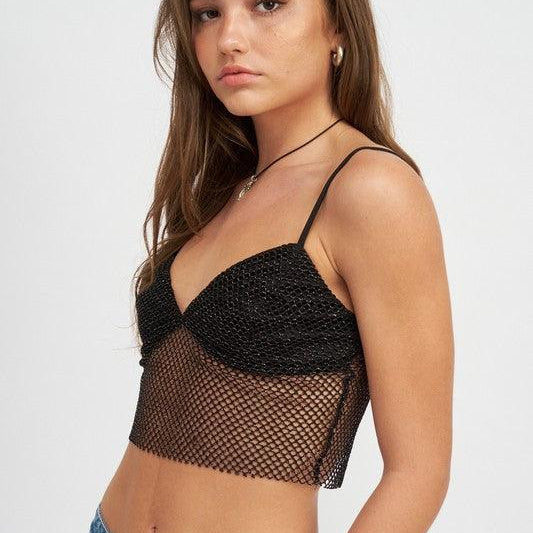Women's Shirts - Cropped Tops Spaghetti Strap Crop Top With Mesh Detail