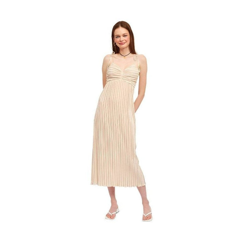 Emory Park Spaghetti Strap Maxi Dress in soft beige with pleated design and elegant silhouette