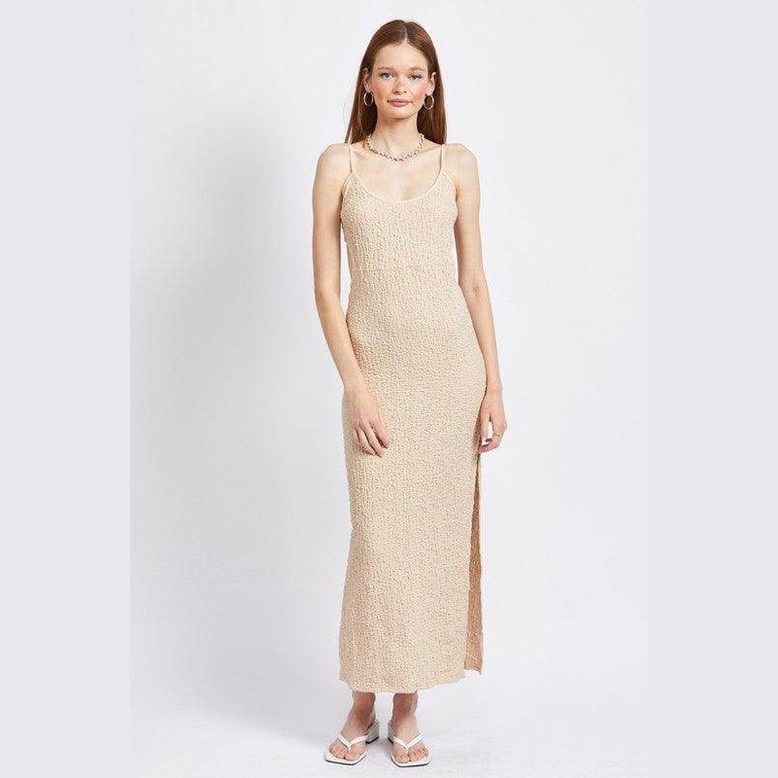 Emory Park spaghetti strap midi dress in beige with a textured design and side slit for a chic summer look