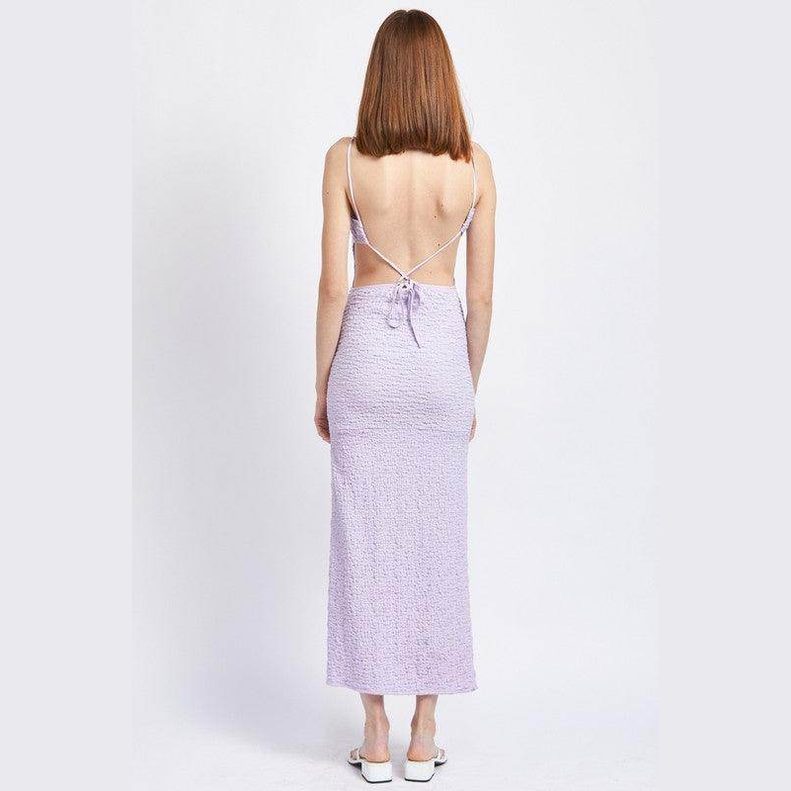 Emory Park spaghetti strap midi dress in lavender with a back tie detail and fitted silhouette