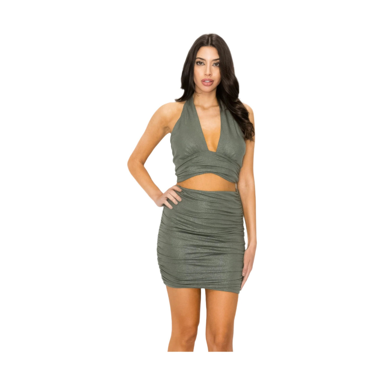 Women's sparkly party matching set with halter top and ruched mini skirt by VacationGrabs