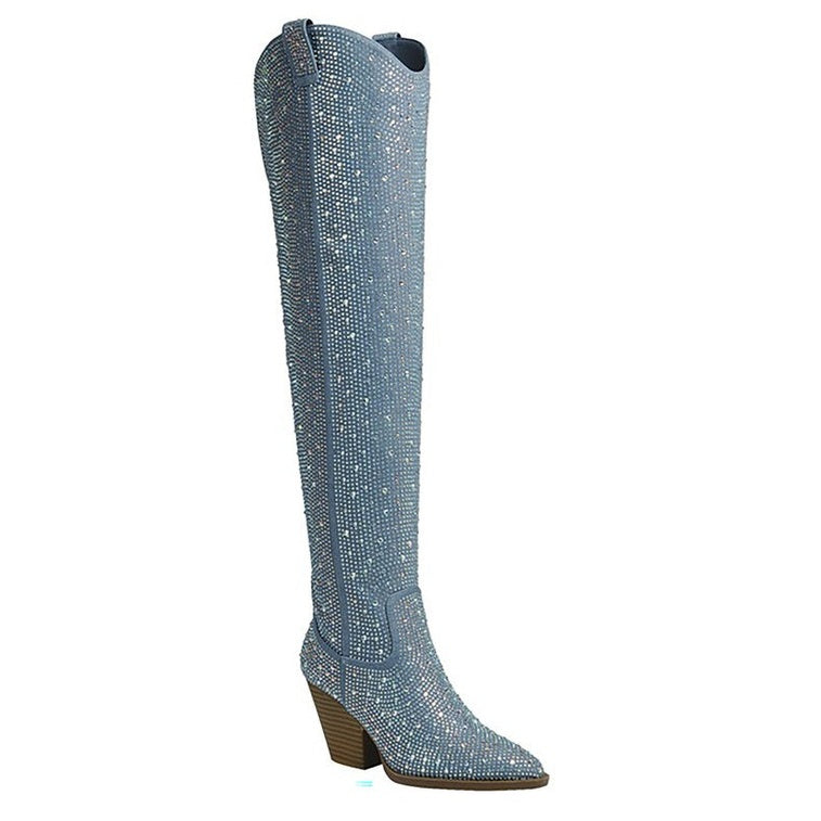 Let's See Style sparkly western boots for women in blue with block heel and covered in rhinestones