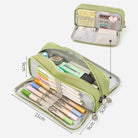 Green dual side pencil case with multiple compartments for organized storage of pens and stationery