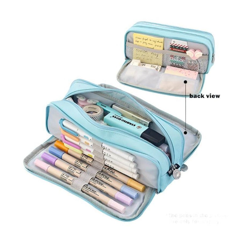 Light blue dual side pencil case with organized compartments for pens and stationery supplies
