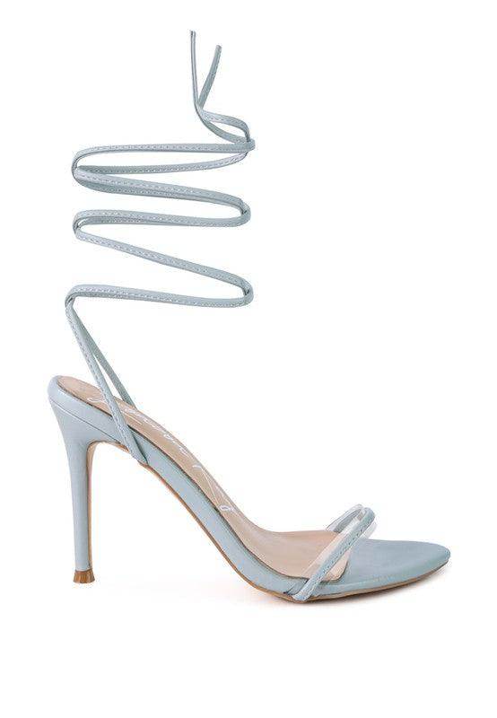 Rag Company Sphynx strappy sandals in light blue with a high heel and ankle strap design