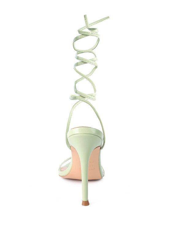 Back view of Rag Company Sphynx strappy sandals with a stylish high heel and crisscross straps