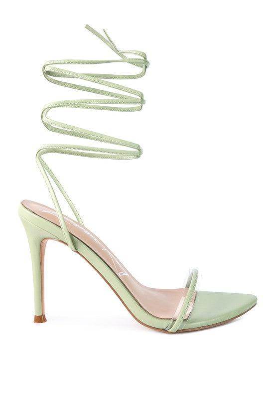 Rag Company Sphynx strappy sandals in light green with high stiletto heels and elegant ankle straps