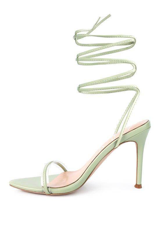 Sphynx strappy sandals in mint green with a stylish high heel and intricate strap design