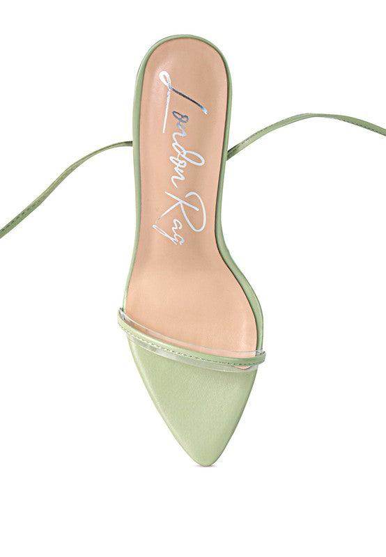 Rag Company Sphynx strappy sandals in mint green featuring a pointed toe and sleek design