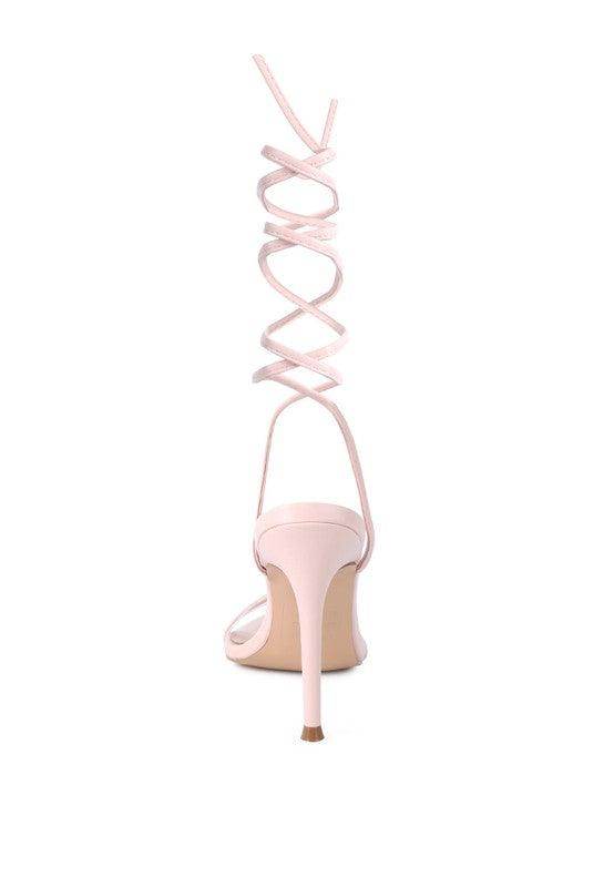 Back view of Rag Company Sphynx strappy sandals in light pink featuring a high heel design