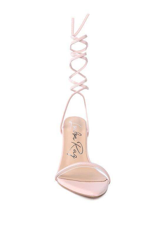 Rag Company Sphynx strappy sandals in soft pink with elegant ankle tie design