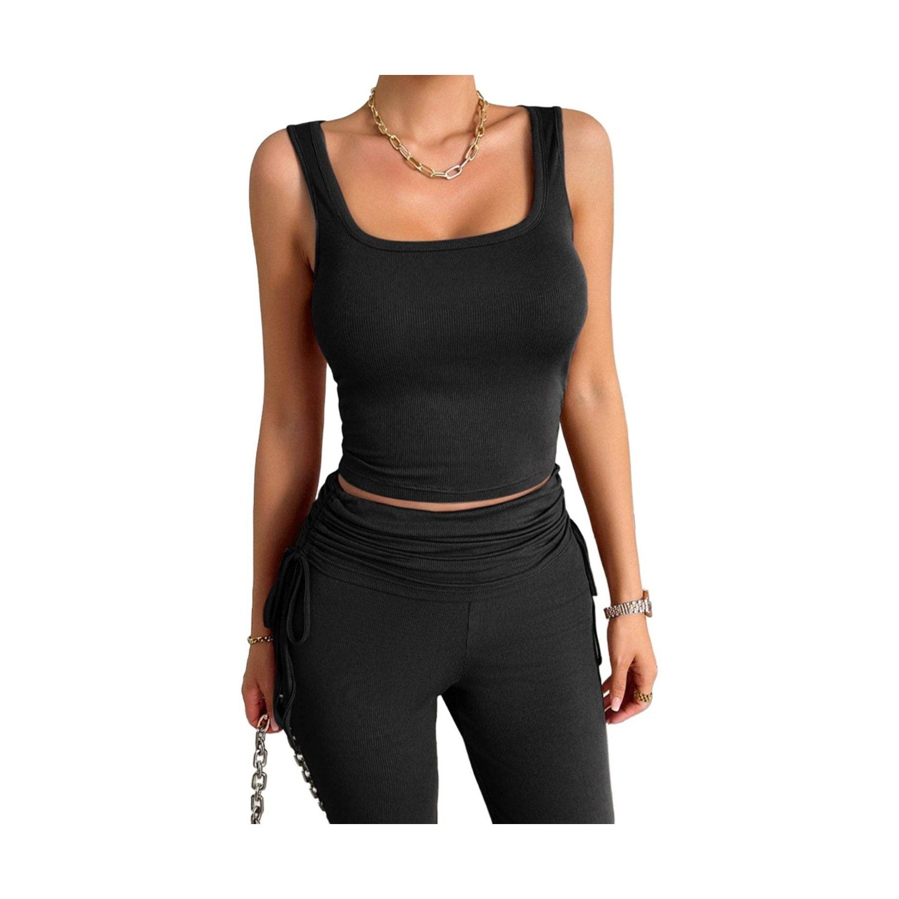 Square Neck Tank and Drawstring Pants Set - VacationGrabs