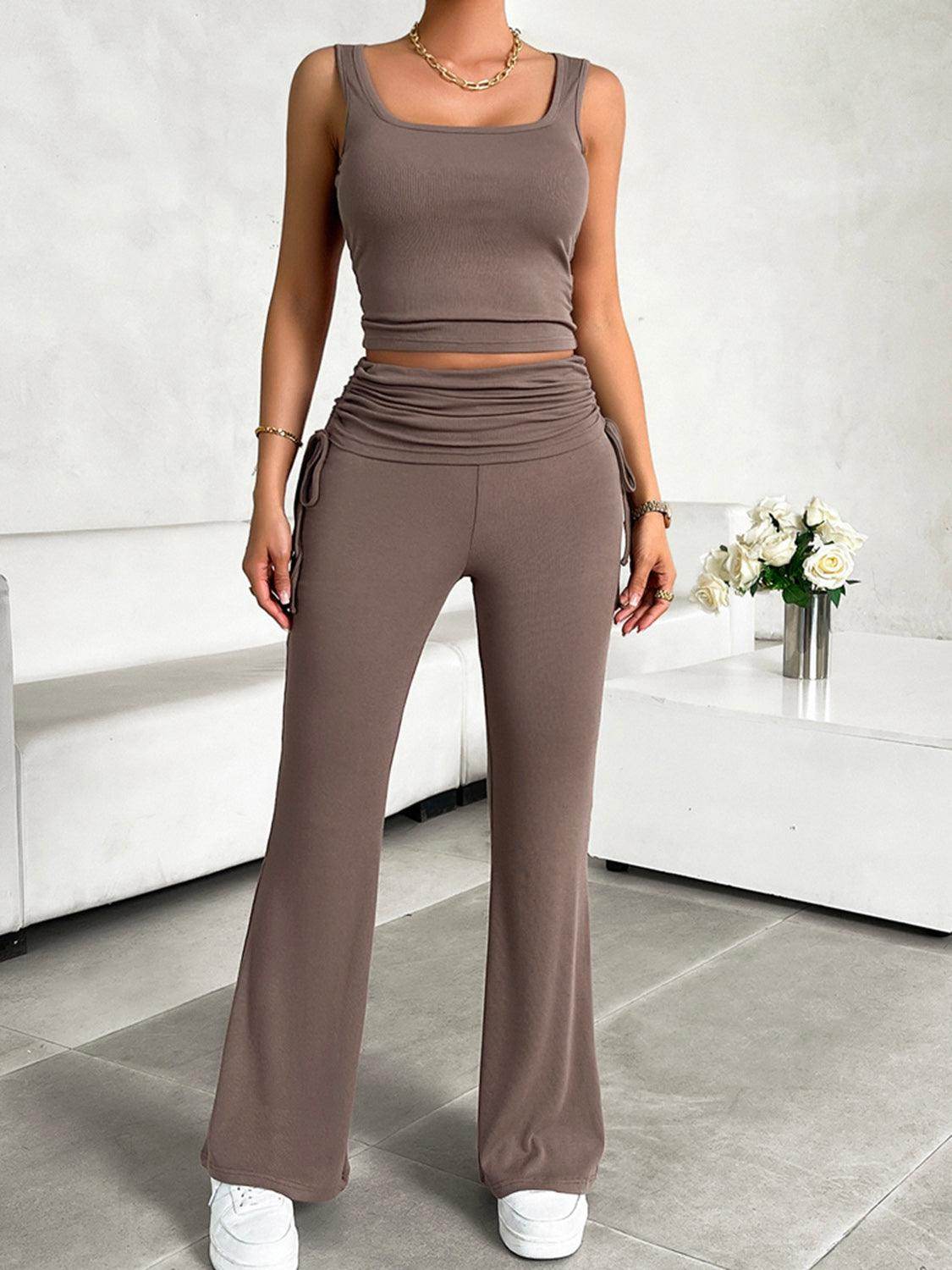 Square Neck Tank and Drawstring Pants Set - VacationGrabs