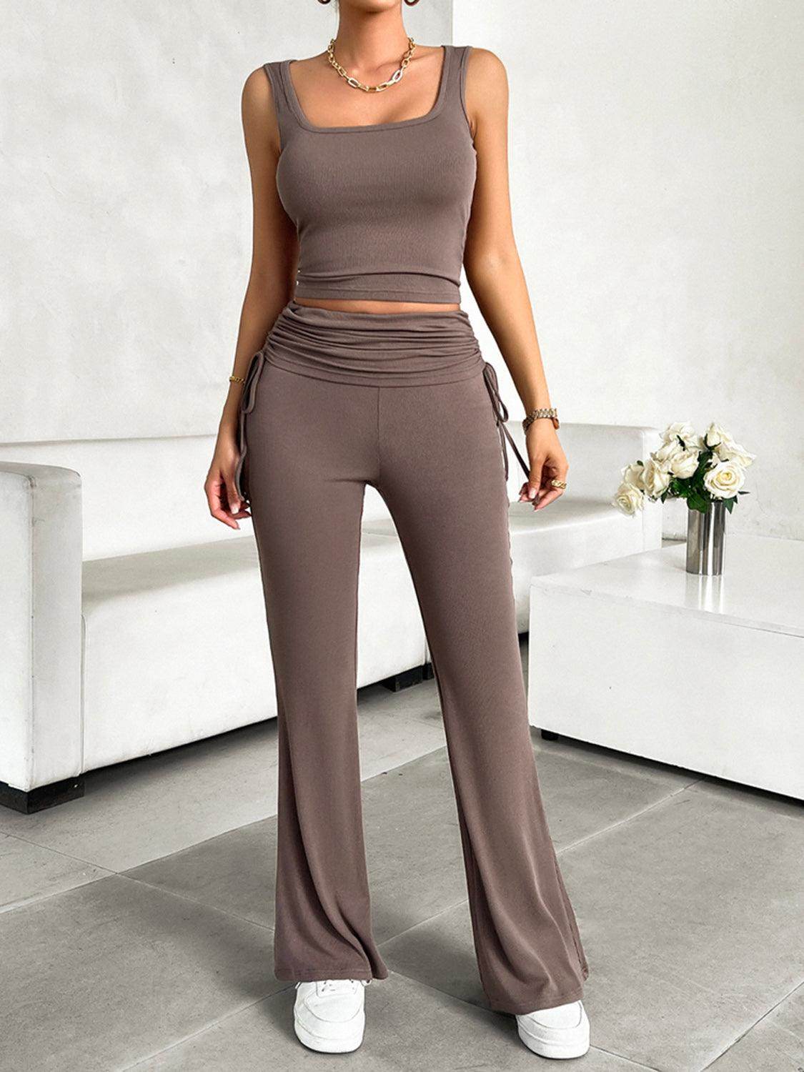 Square Neck Tank and Drawstring Pants Set - VacationGrabs
