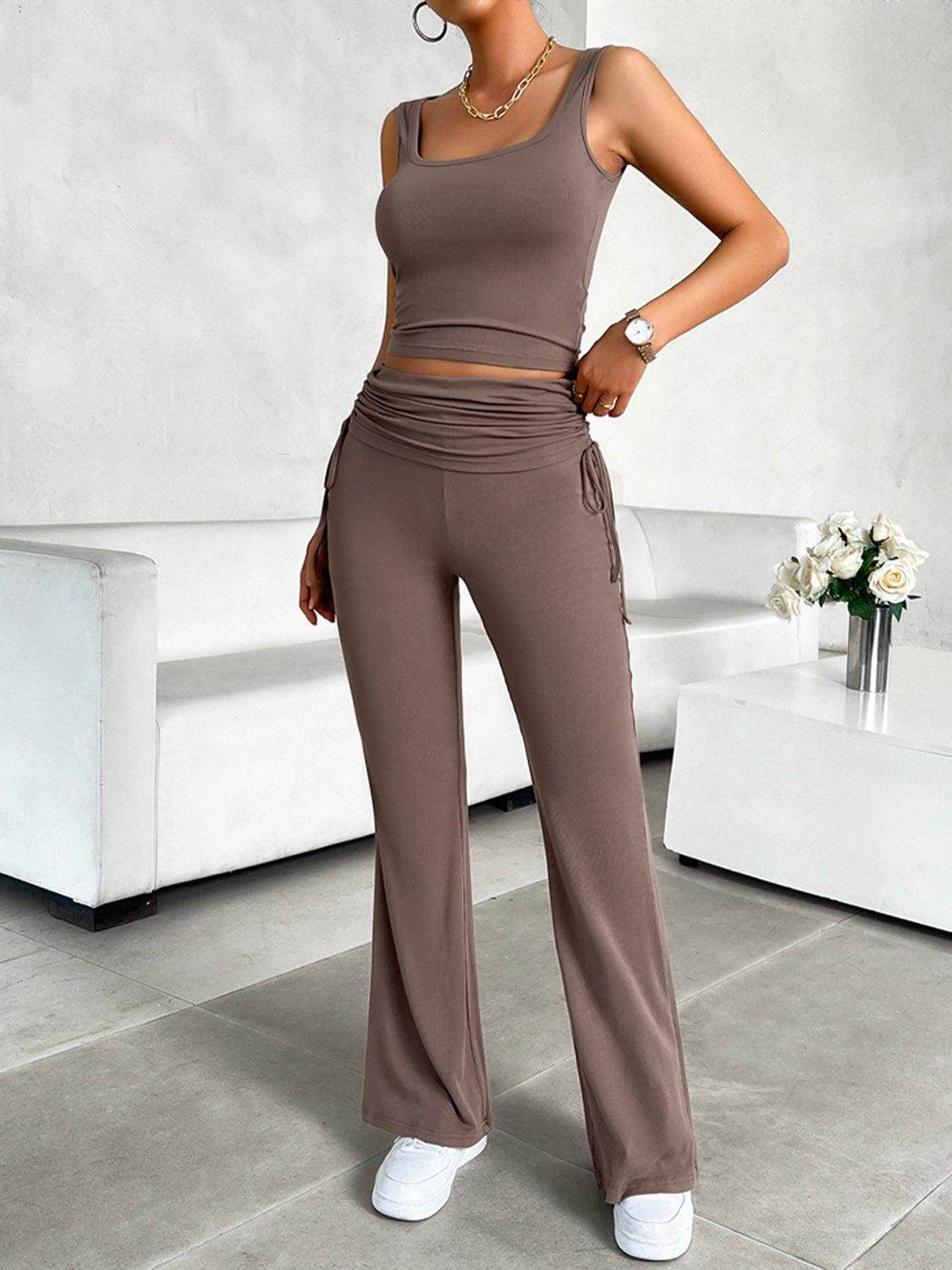 Square Neck Tank and Drawstring Pants Set - VacationGrabs