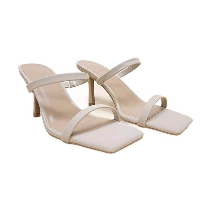 Let's See Style Women's Square Toe Casual Heels in Cream Color with Sleek Straps and Stiletto Heels