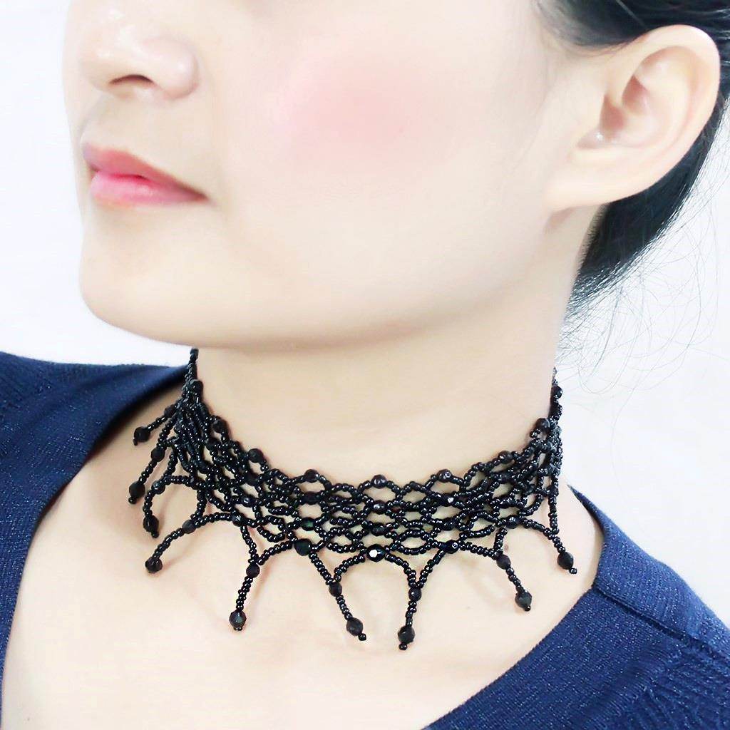 Black beaded statement choker necklace for women in elegant lace design