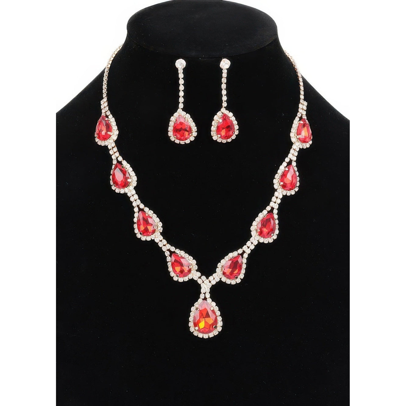 VacationGrabs statement holiday necklace and earring set with red teardrop gemstones and clear crystals