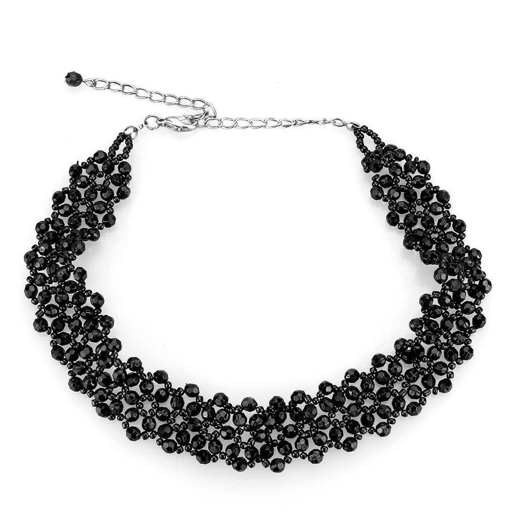Elegant statement necklace rhodium brass adorned with black crystal beads for a stunning look
